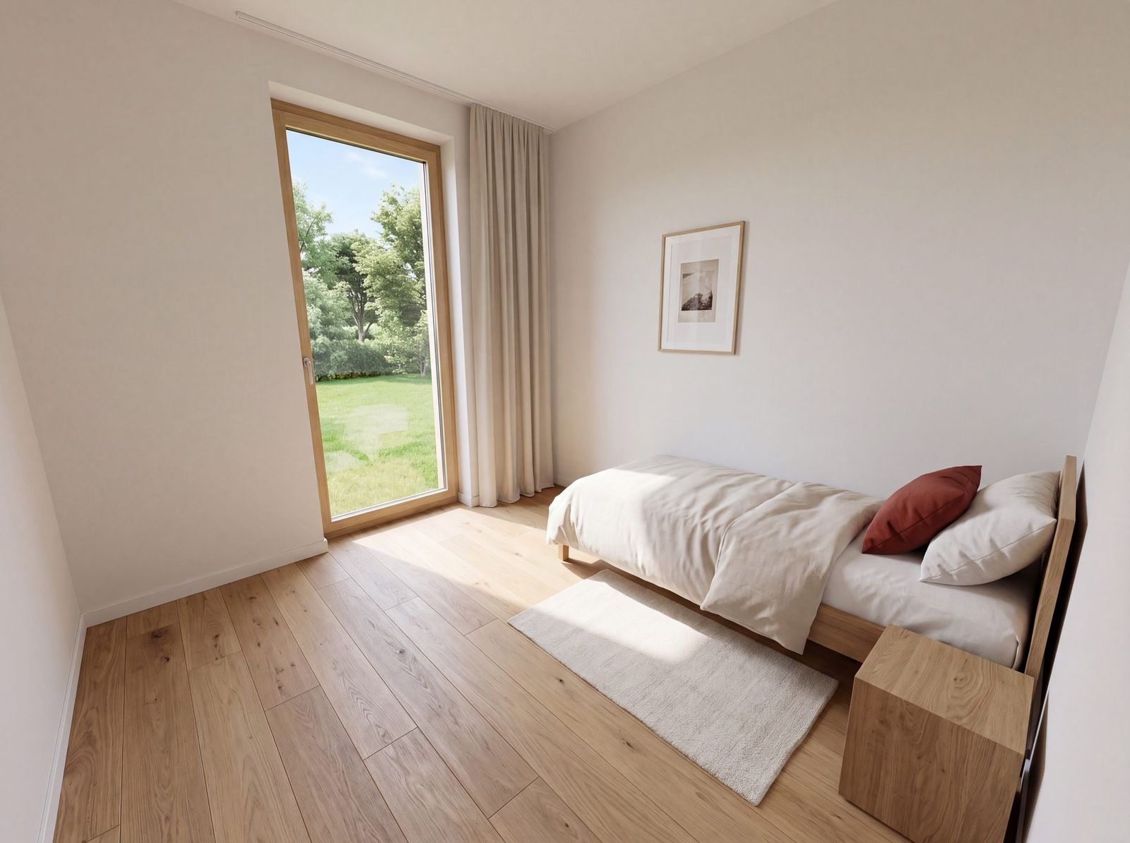 Visuel livré : chambre meublée, lit simple, parquet chêne, porte-fenêtre sur jardin.
